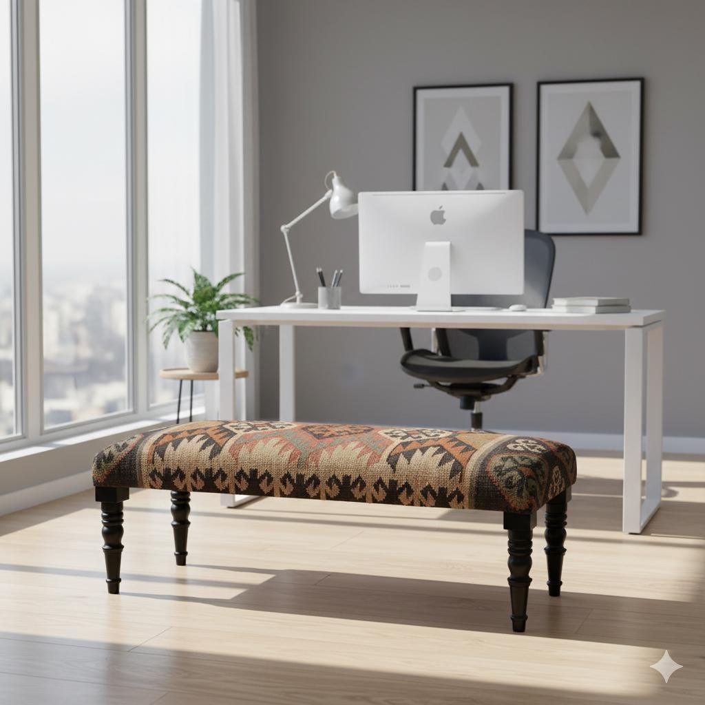 Handmade Kilim Rug Bench – Upholstered Ottoman Bench – Boho Entryway Bench – Turkish Kilim Furniture – Living Room Footstool