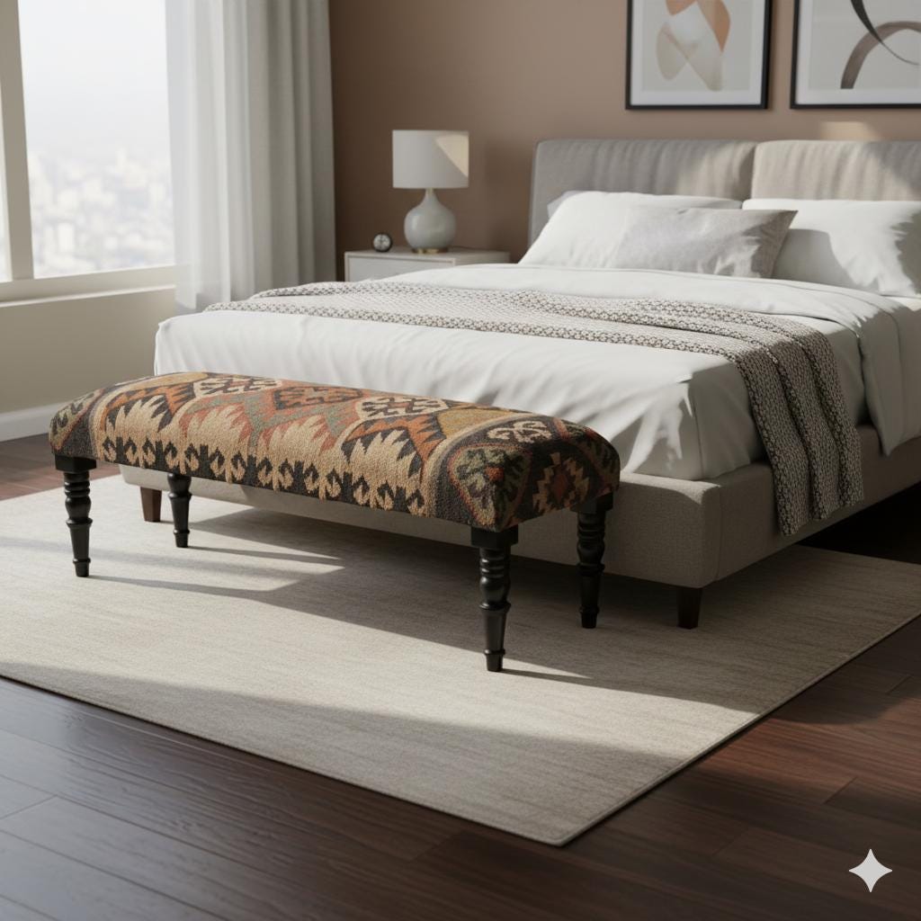 Handmade Kilim Rug Bench – Upholstered Ottoman Bench – Boho Entryway Bench – Turkish Kilim Furniture – Living Room Footstool