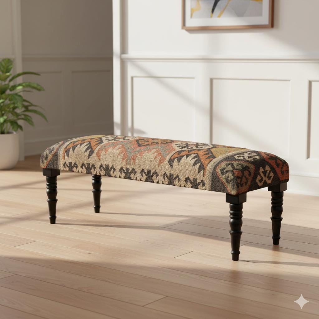 Handmade Kilim Rug Bench – Upholstered Ottoman Bench – Boho Entryway Bench – Turkish Kilim Furniture – Living Room Footstool