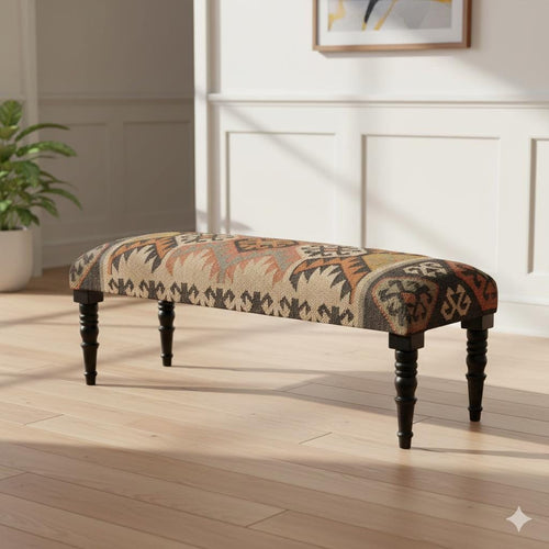 Handmade Kilim Rug Bench – Upholstered Ottoman Bench – Boho Entryway Bench – Turkish Kilim Furniture – Living Room Footstool