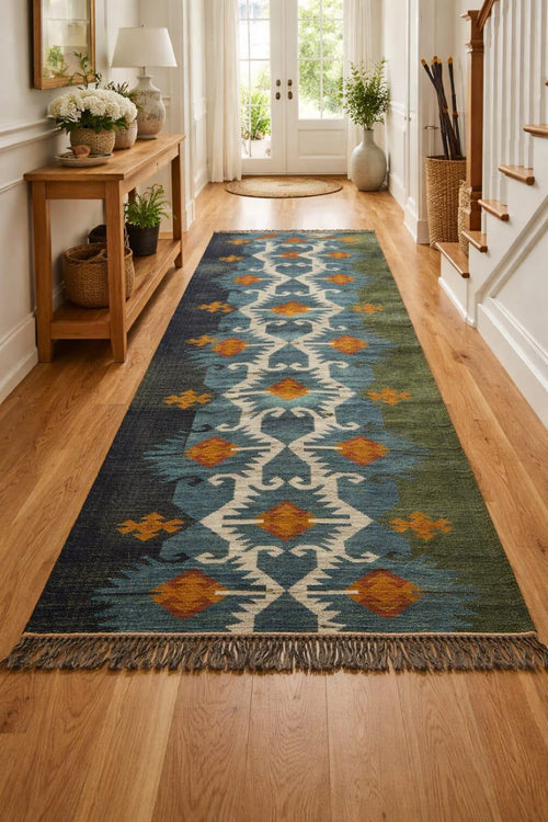 Handwoven Wool Jute Kilim Rug Runner,Boho Area Rug, Hallway Runner ,Living Room Rug, Warm Winter Handmade Indian Rug