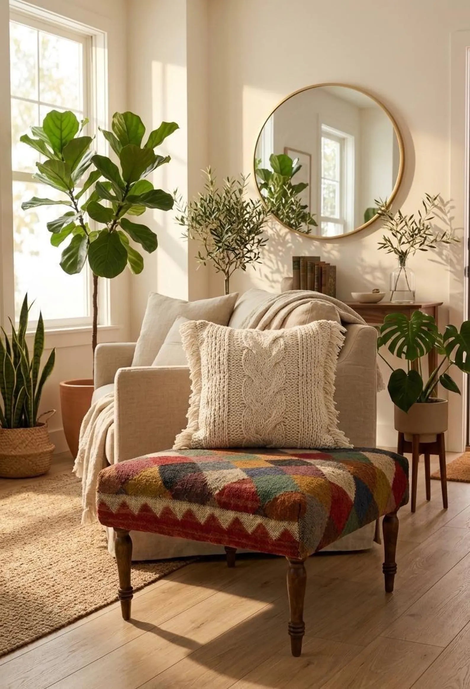 Handwoven Wool Jute Ottoman Bench – Kilim Patchwork Upholstered Footstool, Boho Wooden Leg Bench, Living Room Seating