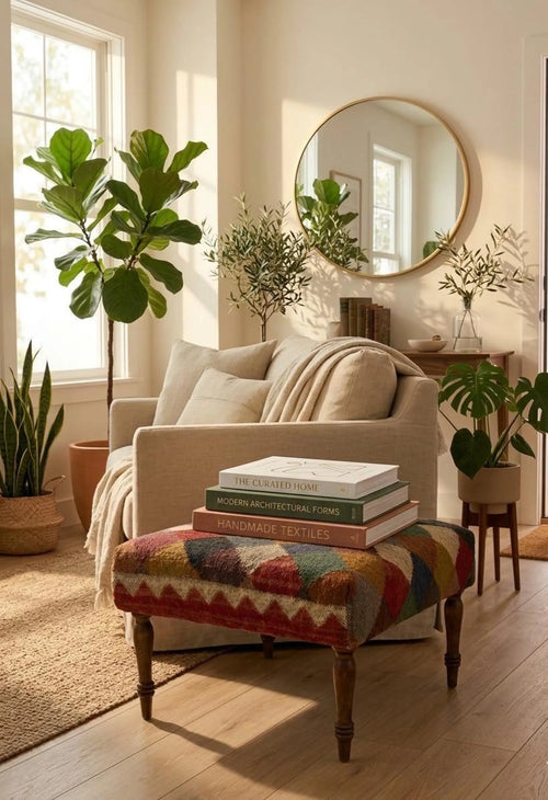 Handwoven Wool Jute Ottoman Bench – Kilim Patchwork Upholstered Footstool, Boho Wooden Leg Bench, Living Room Seating