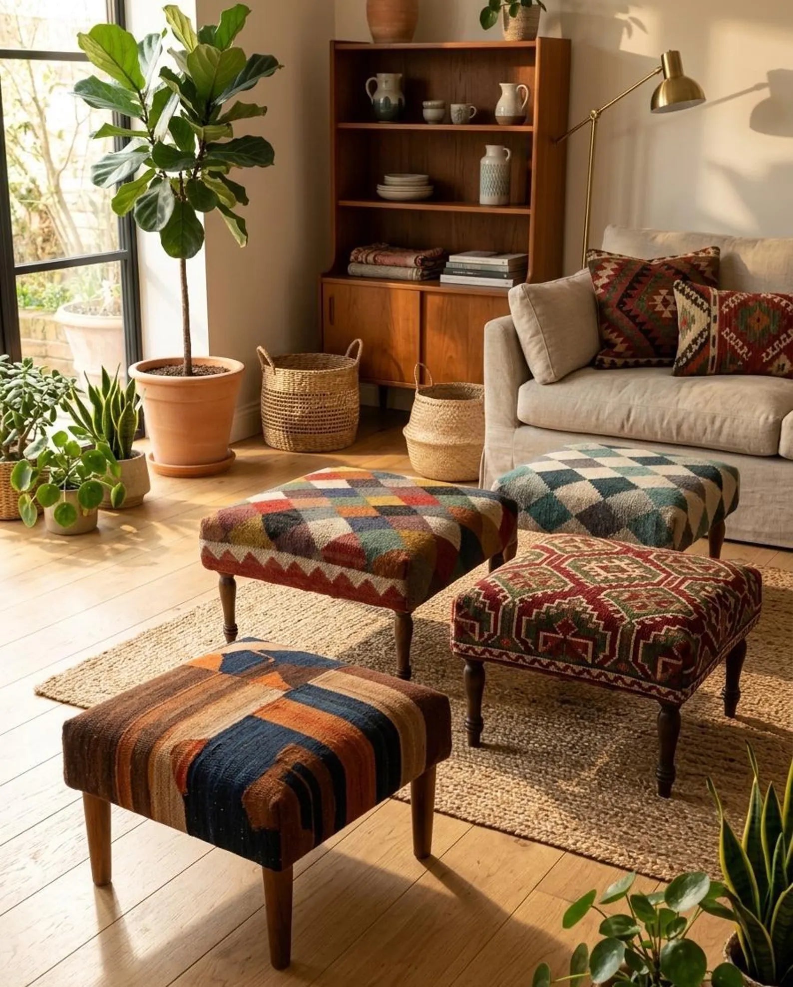 Handwoven Wool Jute Ottoman Bench – Kilim Patchwork Upholstered Footstool, Boho Wooden Leg Bench, Living Room Seating