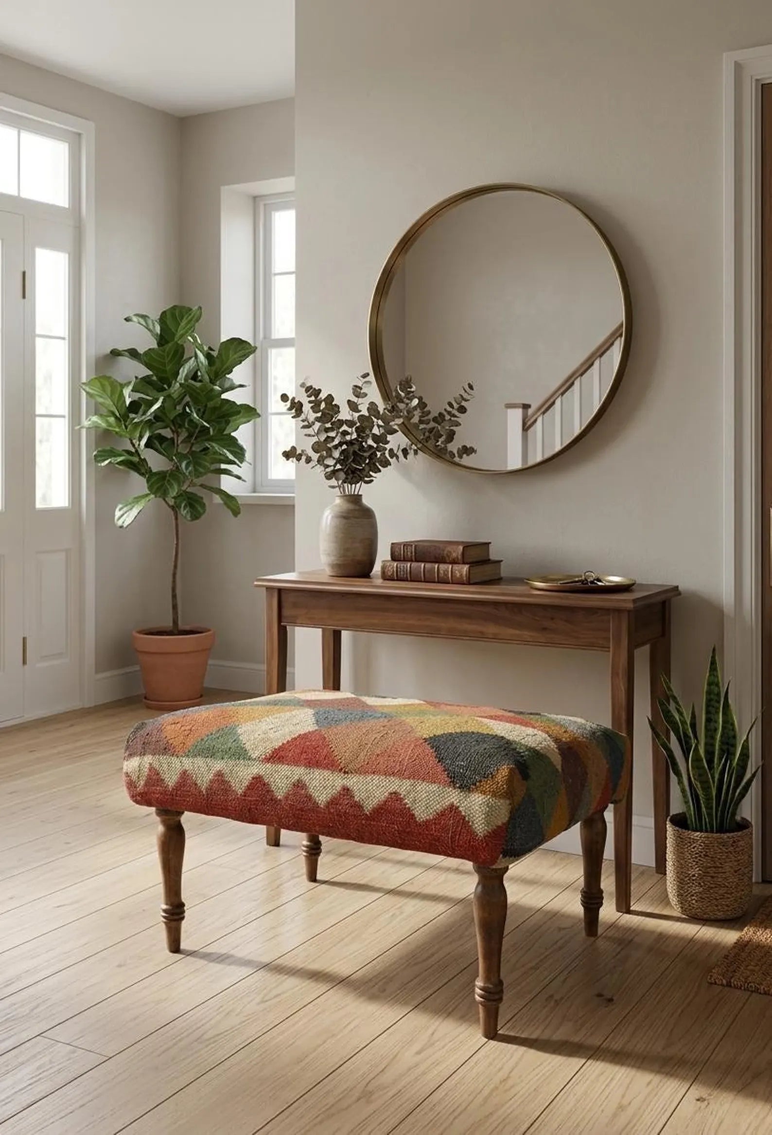 Handwoven Wool Jute Ottoman Bench – Kilim Patchwork Upholstered Footstool, Boho Wooden Leg Bench, Living Room Seating