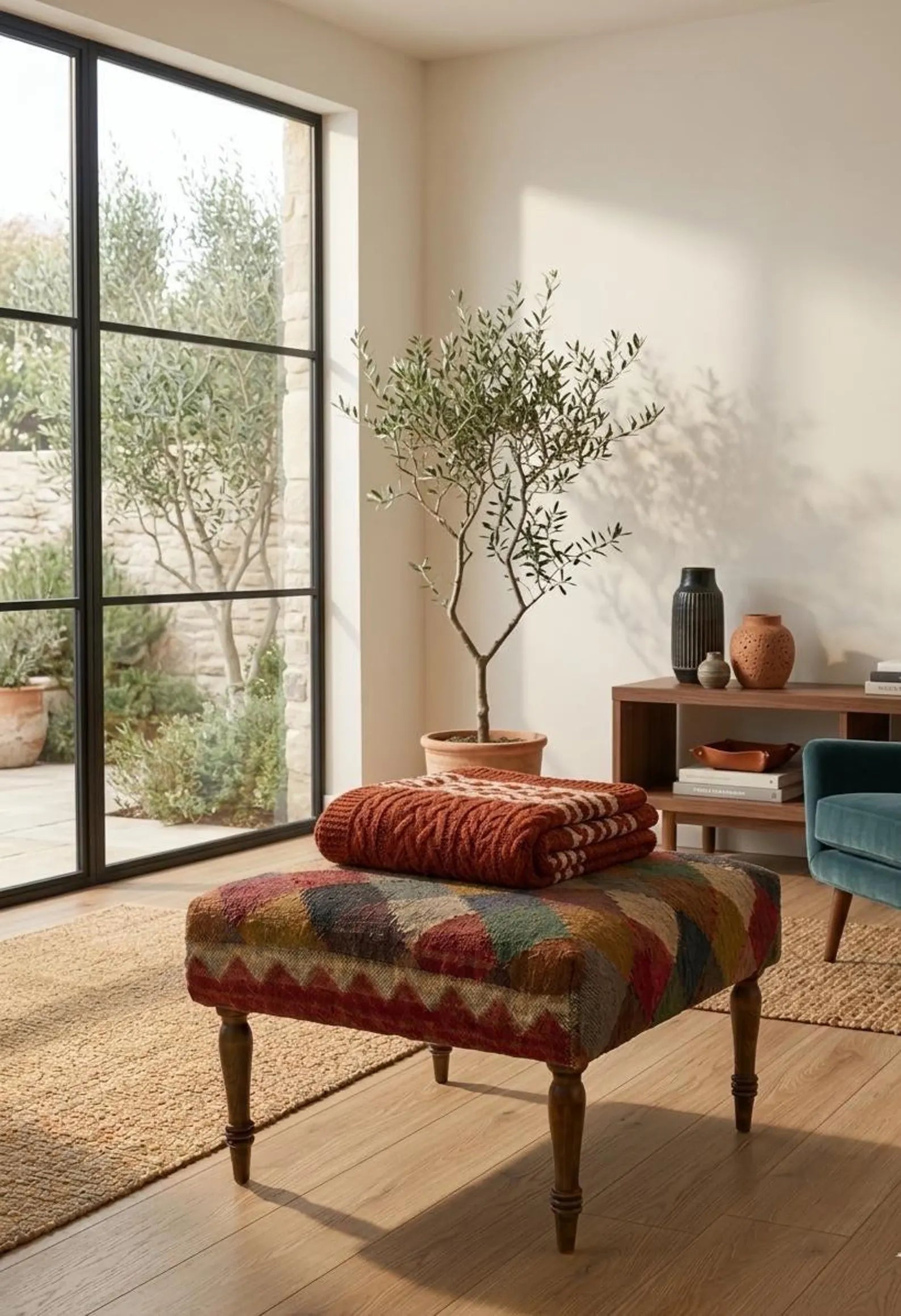 Handwoven Wool Jute Ottoman Bench – Kilim Patchwork Upholstered Footstool, Boho Wooden Leg Bench, Living Room Seating