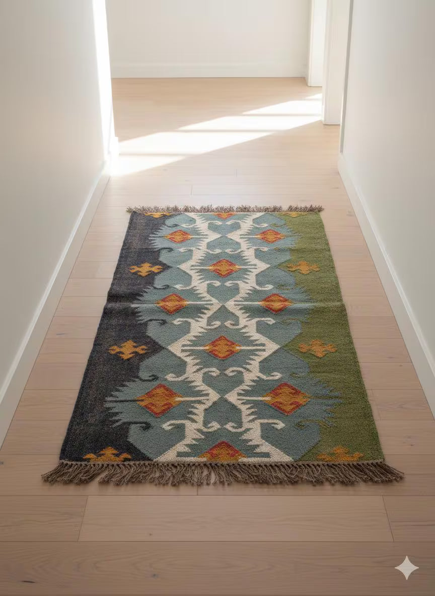 Handwoven Wool Jute Kilim Rug Runner,Boho Area Rug, Hallway Runner ,Living Room Rug, Warm Winter Handmade Indian Rug