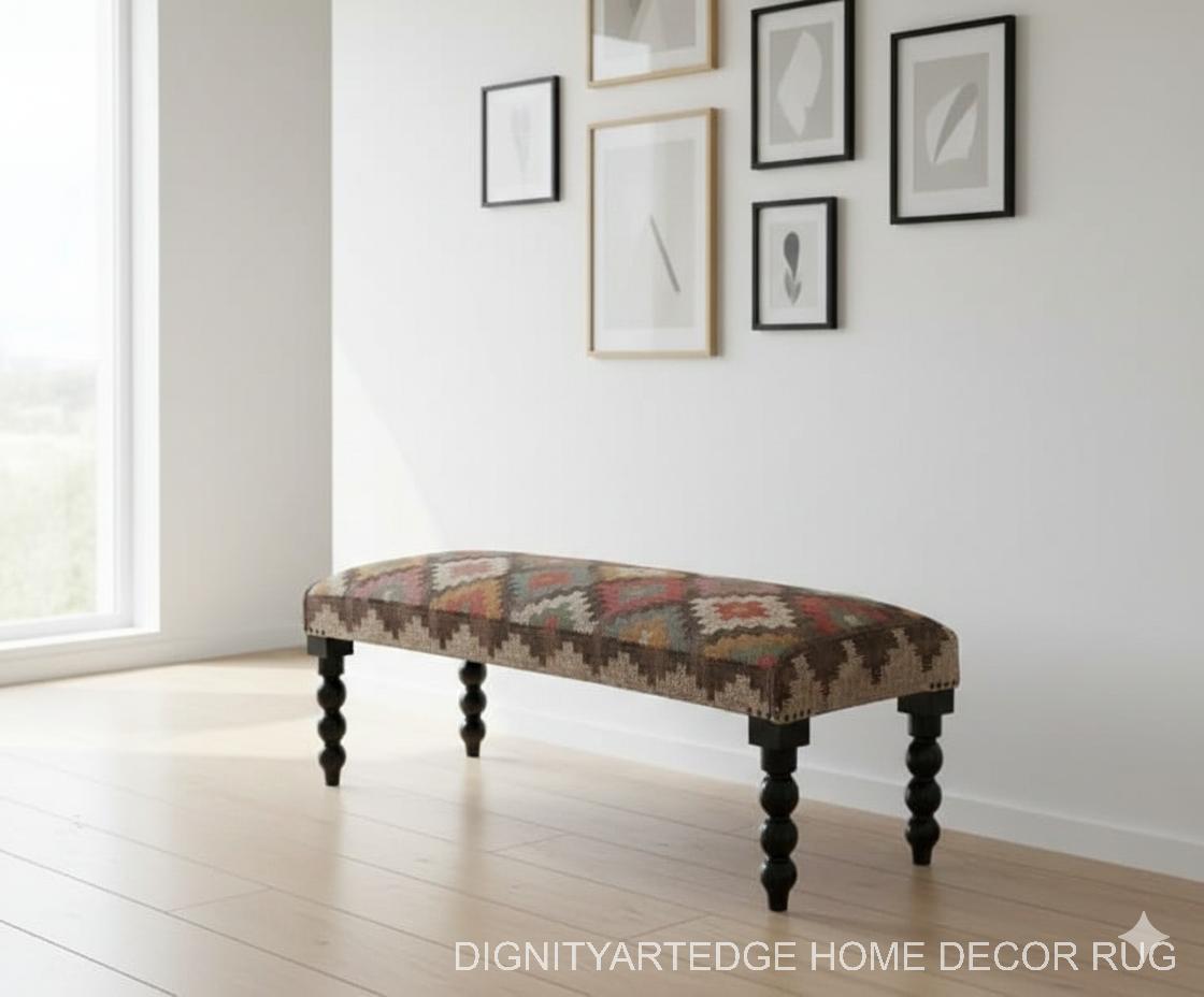 Kilim Rug Bench, Ottoman Upholstered Bench, Handmade Furniture, Footstool Bench, Aztec Bench, Farmhouse Decor, Entry Bench