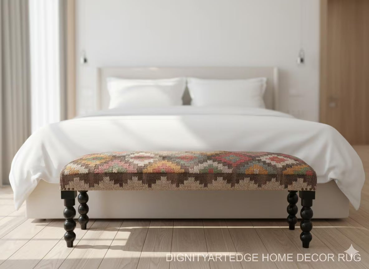 Kilim Rug Bench, Ottoman Upholstered Bench, Handmade Furniture, Footstool Bench, Aztec Bench, Farmhouse Decor, Entry Bench