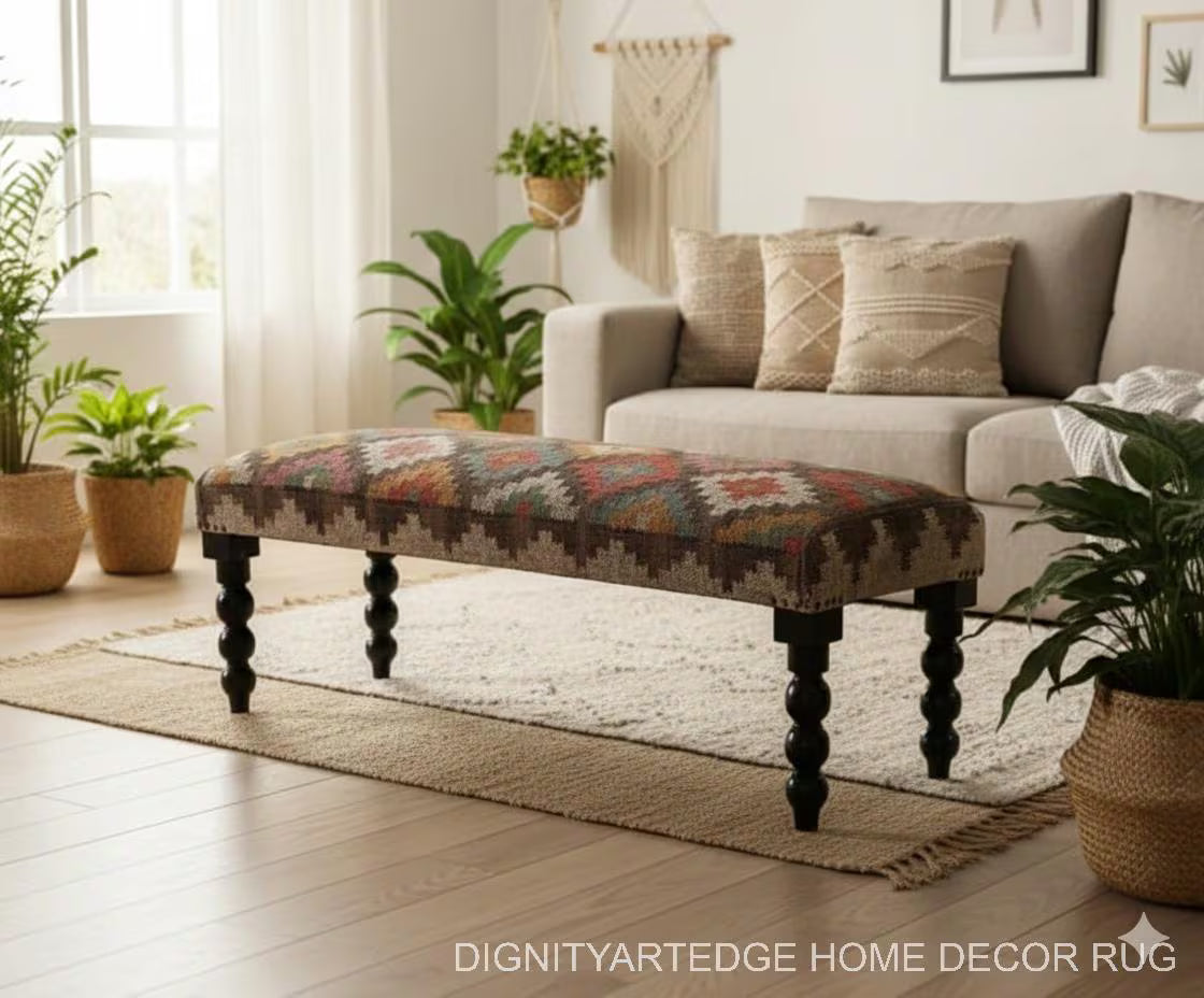Kilim Rug Bench, Ottoman Upholstered Bench, Handmade Furniture, Footstool Bench, Aztec Bench, Farmhouse Decor, Entry Bench