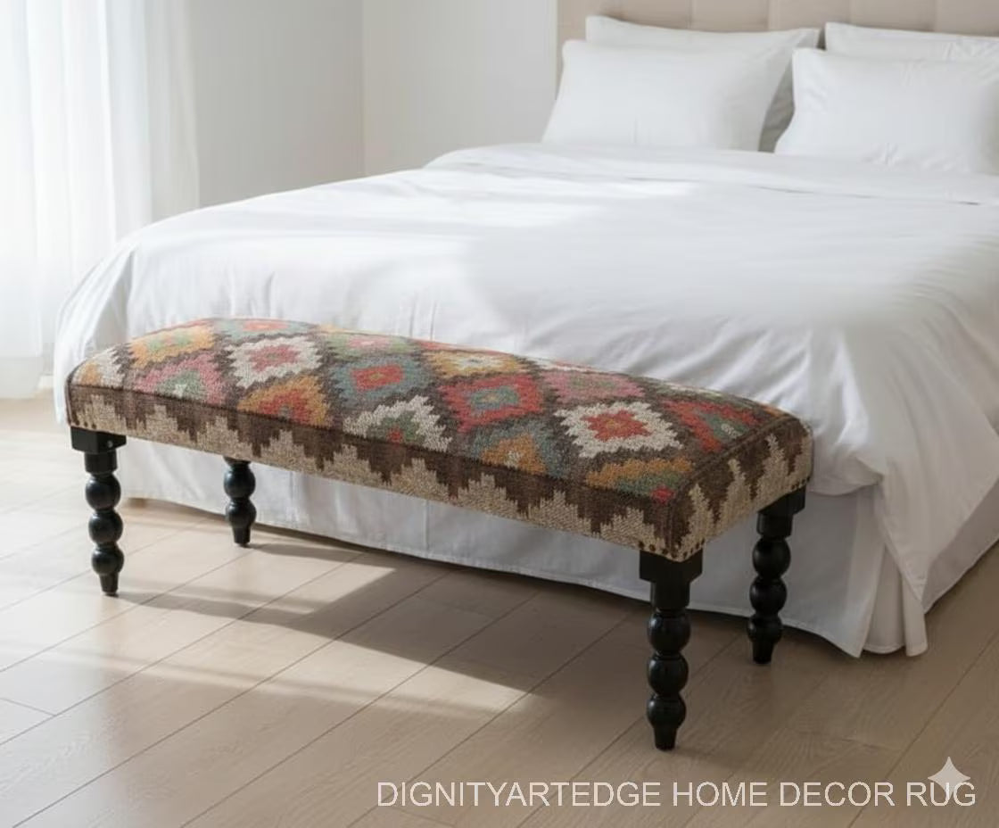 Kilim Rug Bench, Ottoman Upholstered Bench, Handmade Furniture, Footstool Bench, Aztec Bench, Farmhouse Decor, Entry Bench