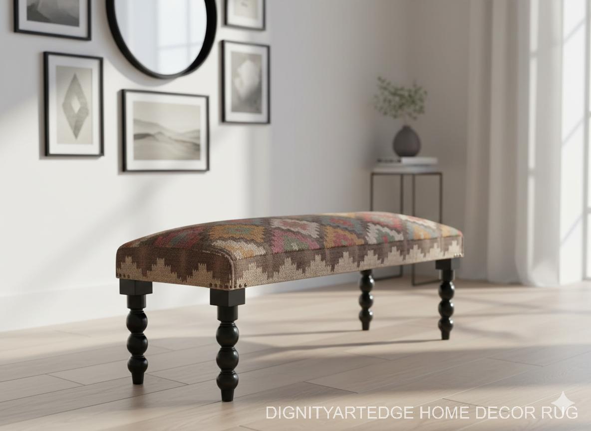 Kilim Rug Bench, Ottoman Upholstered Bench, Handmade Furniture, Footstool Bench, Aztec Bench, Farmhouse Decor, Entry Bench