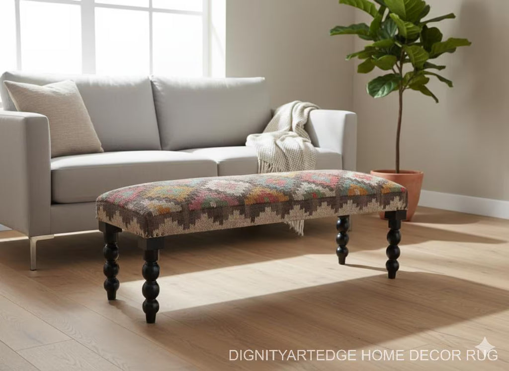 Kilim Rug Bench, Ottoman Upholstered Bench, Handmade Furniture, Footstool Bench, Aztec Bench, Farmhouse Decor, Entry Bench